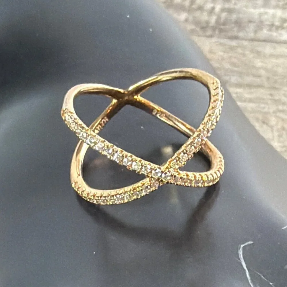 NEW 925 Silver Rose Gold Vermeil Pave CZ Criss Cross Ring Architectural Size 8 - Picture 4 of 16